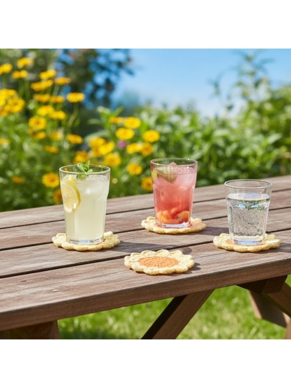 Hand Crafted Crochet Coasters Set of 4pcs Orange yellow flower handmade cup mats